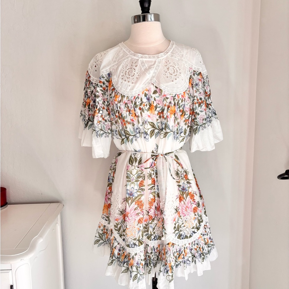 Farm Rio Anthropologie Sweet Bloom Bouquet Mini Dress Eyelet White Floral, Sz L